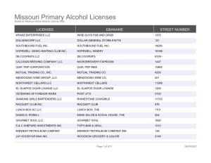 Missouri Primary Alcohol Licenses Based on Missouri Active Alcohol License Data