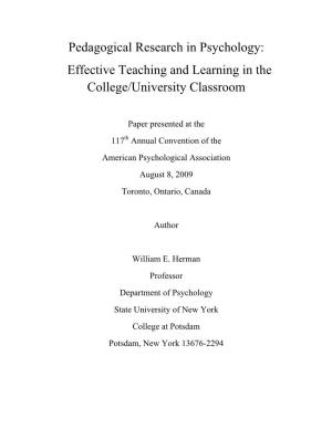 Effective Teaching and Learning in the College/University Classroom
