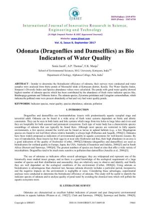 Odonata (Dragonflies and Damselflies) As Bio Indicators of Water Quality