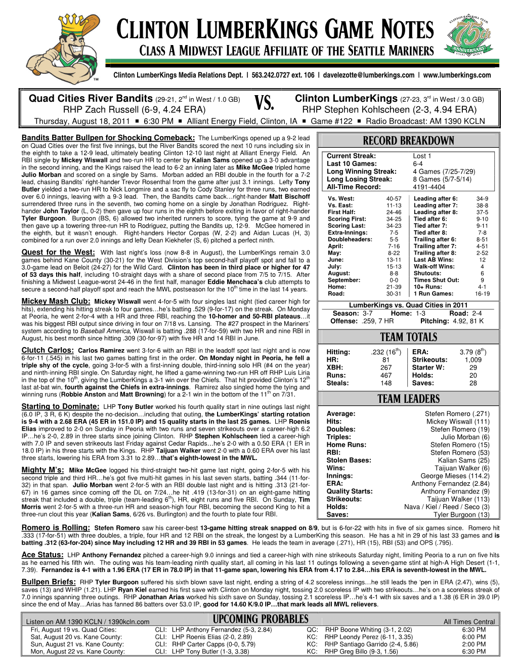 Clinton Lumberkings Game Notes Class a Midwest League Affiliate of the Seattle Mariners