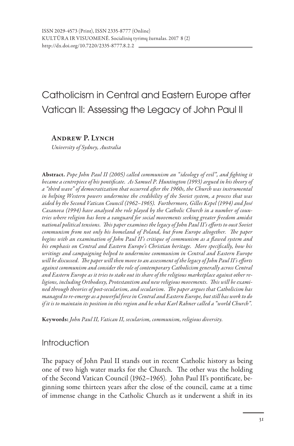 Catholicism in Central and Eastern Europe After Vatican II: Assessing the Legacy of John Paul II