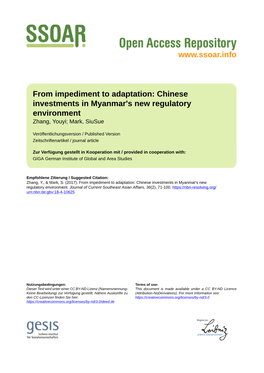 From Impediment to Adaptation: Chinese Investments in Myanmar's New Regulatory Environment Zhang, Youyi; Mark, Siusue