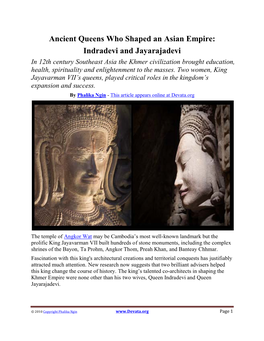Indradevi and Jayarajadevi in 12Th Century Southeast Asia the Khmer Civilization Brought Education, Health, Spirituality and Enlightenment to the Masses