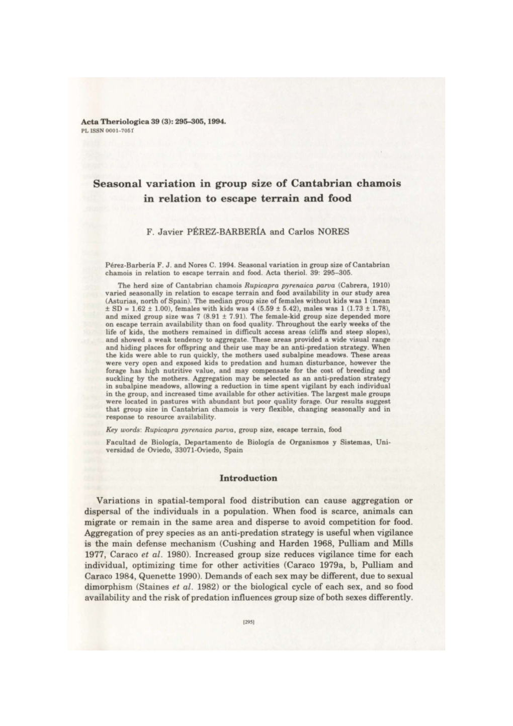 Seasonal Variation in Group Size of Cantabrian Chamois in Relation to Escape Terrain and Food