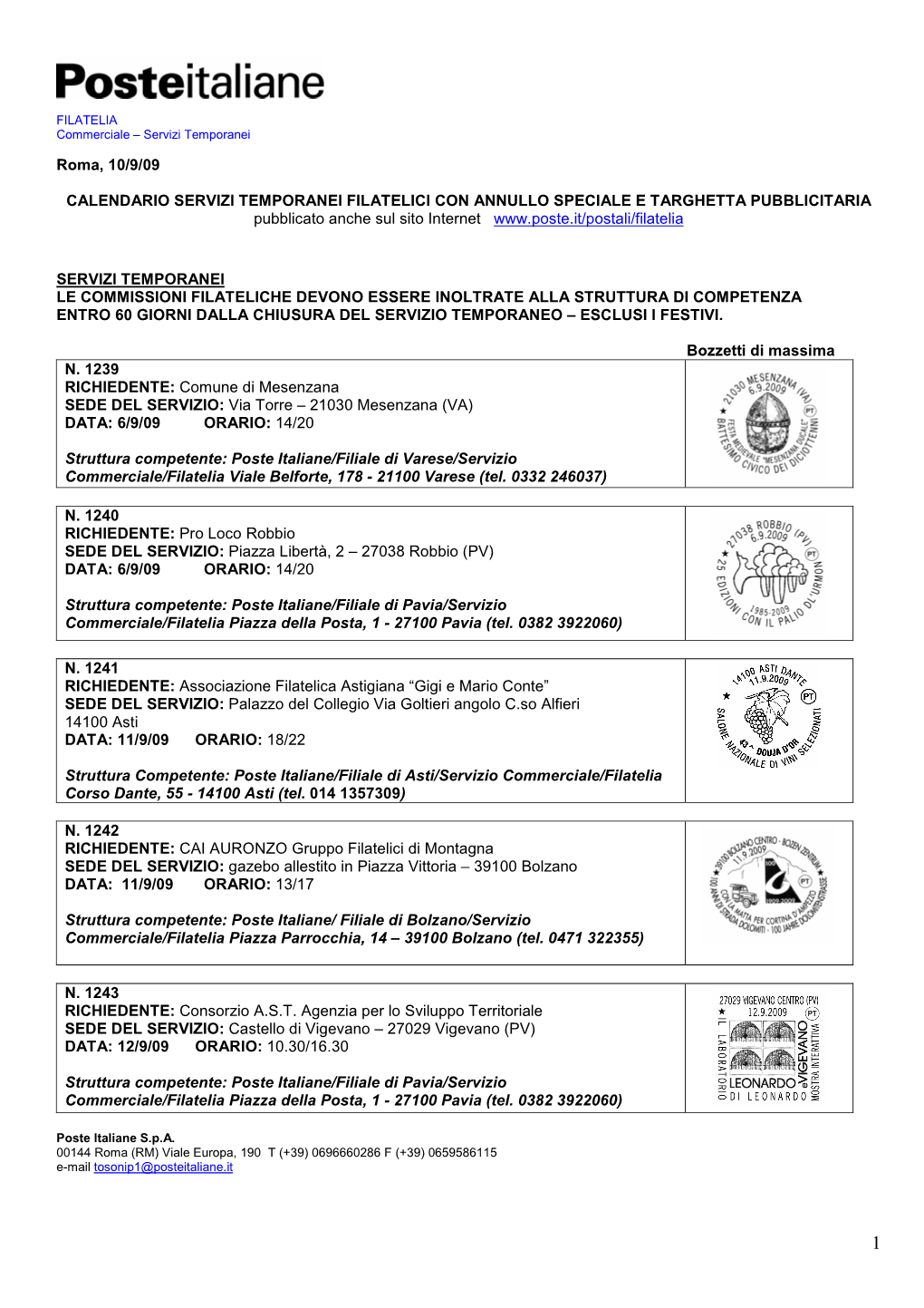 Diramazione N.30 Calendario Servizi Temporanei