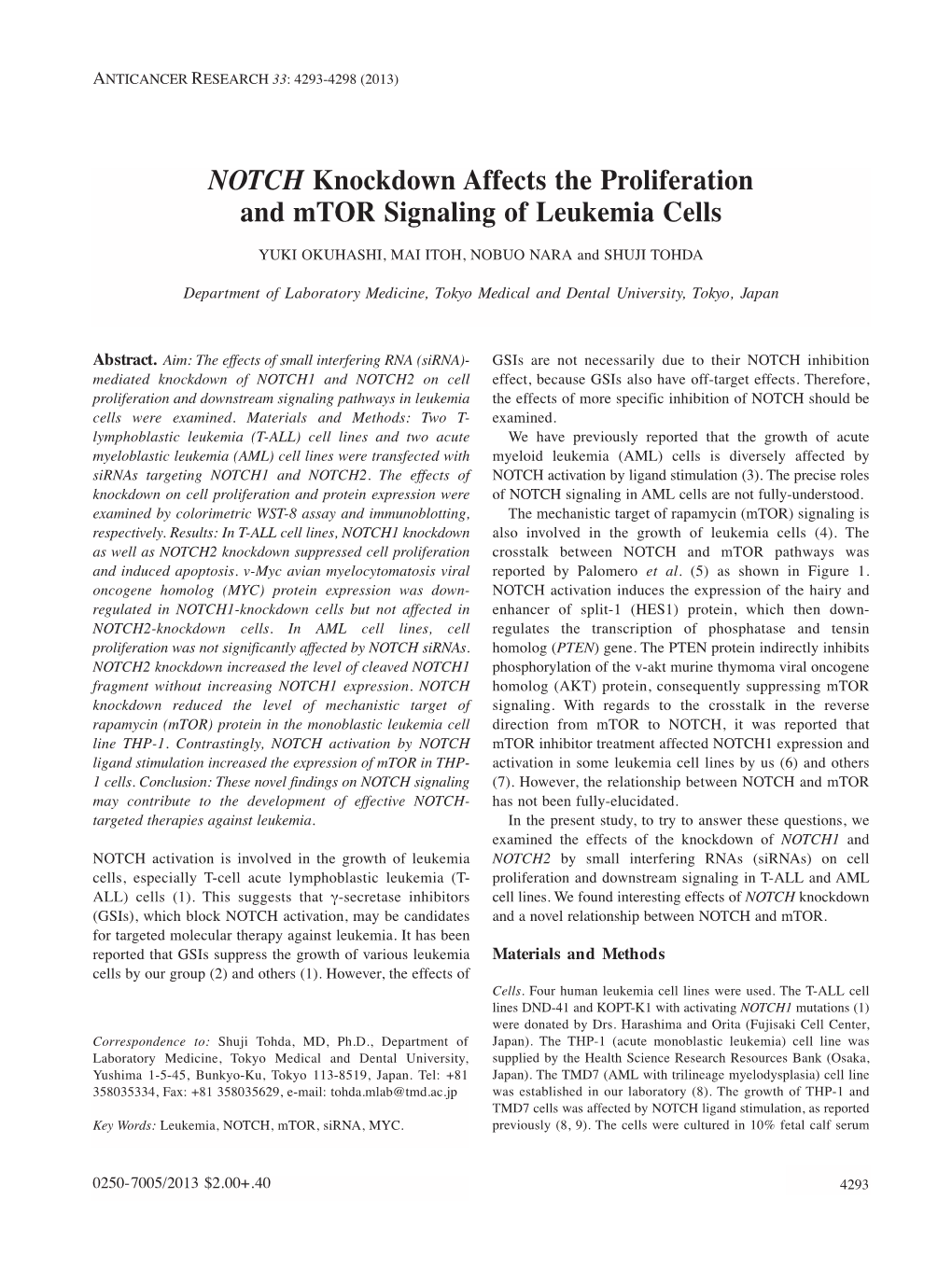 NOTCH Knockdown Affects the Proliferation and Mtor Signaling of Leukemia Cells