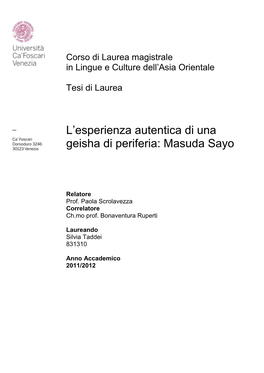 L'esperienza Autentica Di Una Geisha Di Periferia: Masuda Sayo
