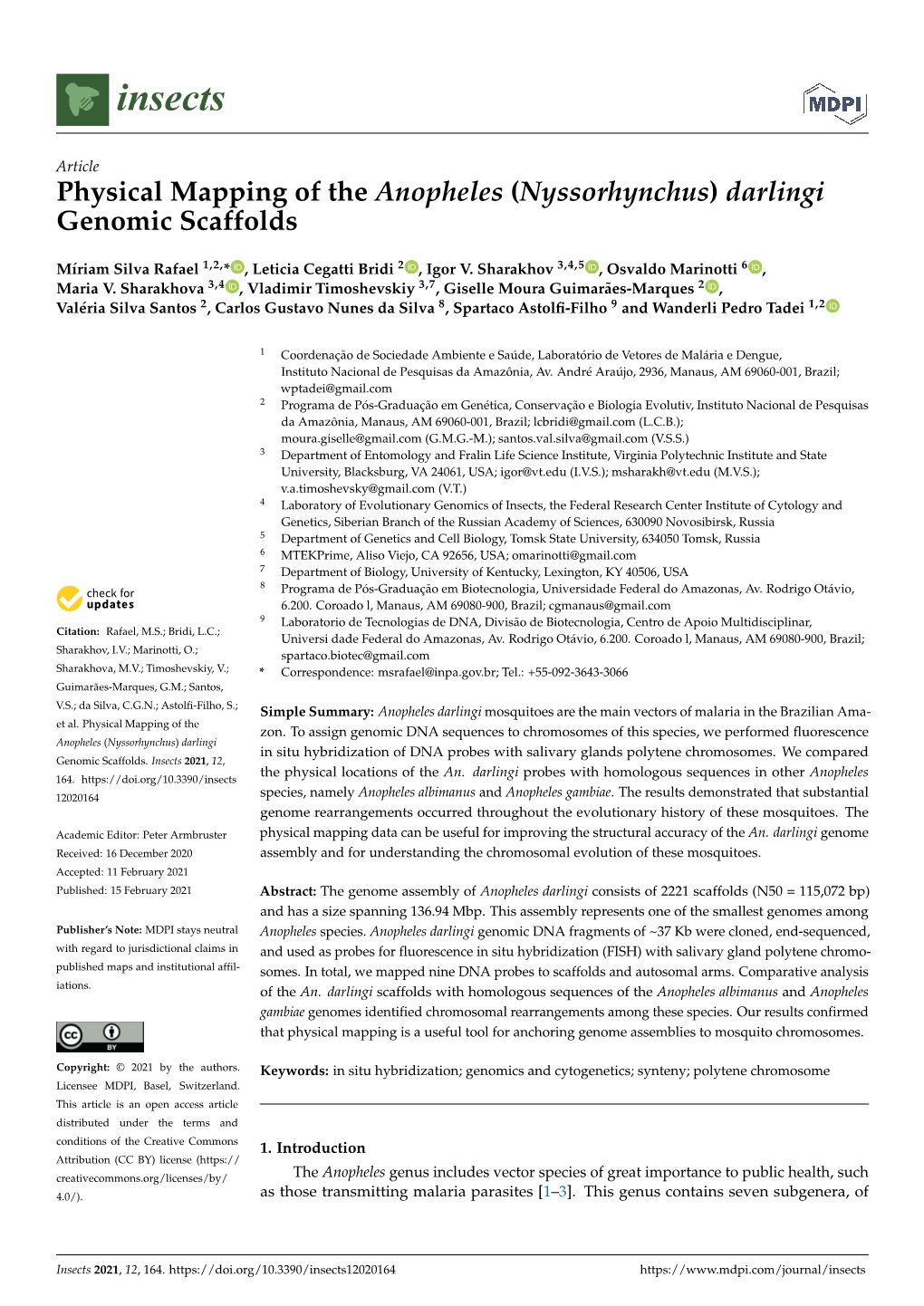 Physical Mapping of the Anopheles (Nyssorhynchus) Darlingi Genomic Scaffolds