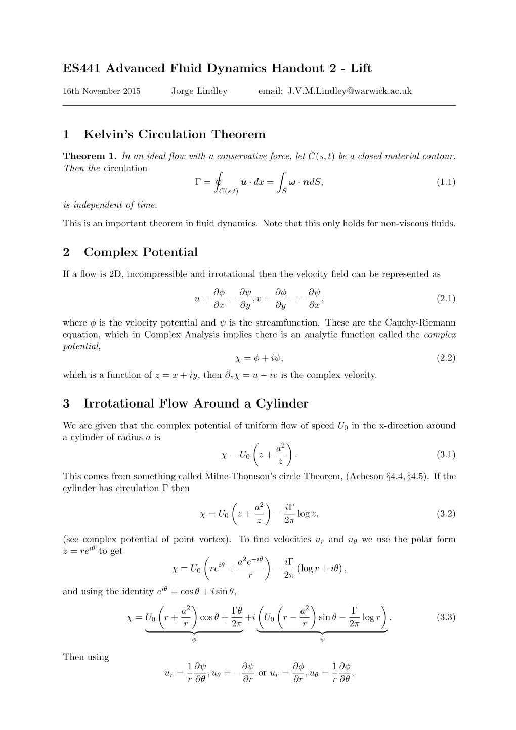 Lift 1 Kelvin's Circulation Theorem 2 Complex Potential 3 Irrotational