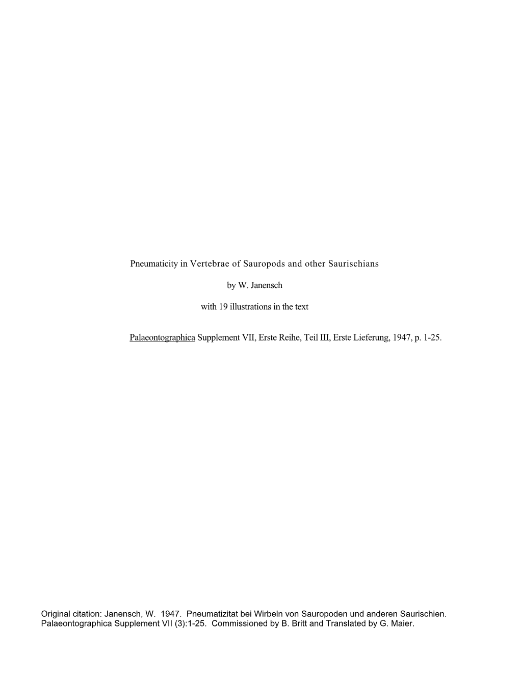 Pneumaticity in Vertebrae of Sauropods and Other Saurischians