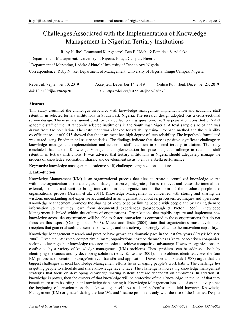 Challenges Associated with the Implementation of Knowledge Management in Nigerian Tertiary Institutions