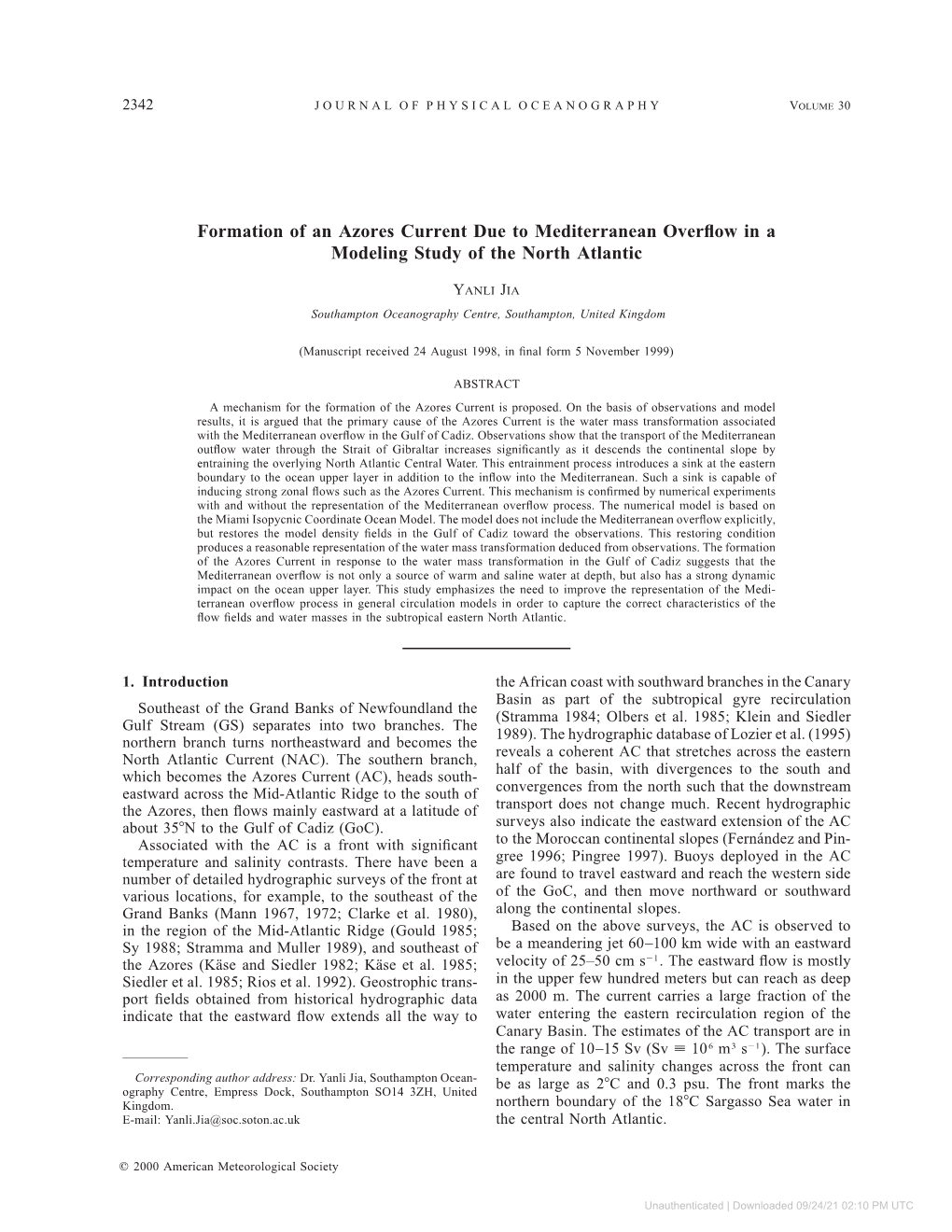 Formation of an Azores Current Due to Mediterranean Overflow in A