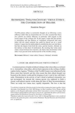 Re-Thinking Twelfth-Century Virtue Ethics: the Contribution of Heloise