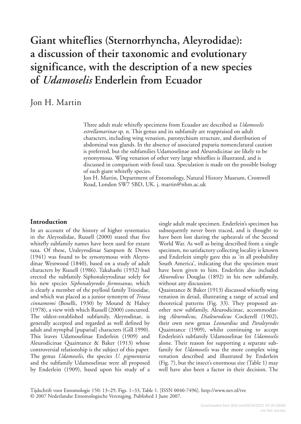 Giant Whiteflies (Sternorrhyncha, Aleyrodidae): a Discussion of Their Taxonomic and Evolutionary Significance, with the Descript