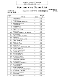 Section Wise Name List 09/08/2019 SECTION: a BRANCH: COMPUTER SCIENCE (CSE) CYCLE: PHYSICS CYCLE
