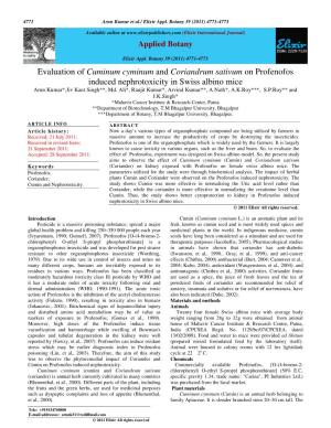 Evaluation of Cuminum Cyminum and Coriandrum Sativum on Profenofos Induced Nephrotoxicity in Swiss Albino Mice Arun Kumar*,Jiv Kant Singh**, Md