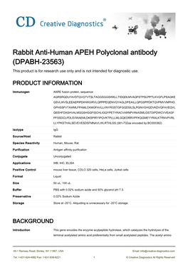 Rabbit Anti-Human APEH Polyclonal Antibody (DPABH-23563) This Product Is for Research Use Only and Is Not Intended for Diagnostic Use