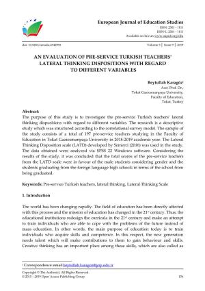 An Evaluation of Pre-Service Turkish Teachers' Lateral Thinking