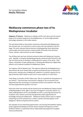 Mediacorp Commences Phase Two of Its Mediapreneur Incubator