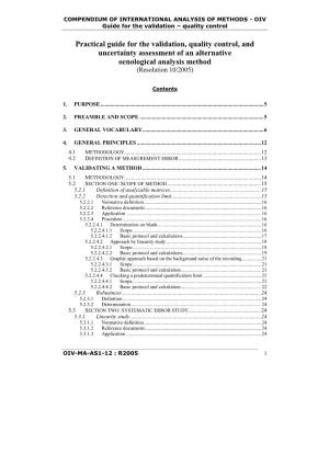 Practical Guide for the Validation, Quality Control, and Uncertainty Assessment of an Alternative Oenological Analysis Method (Resolution 10/2005)