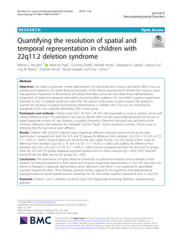 Quantifying the Resolution of Spatial and Temporal Representation in Children with 22Q11.2 Deletion Syndrome Kathryn L