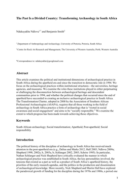 The Past Is a Divided Country: Transforming Archaeology in South Africa Abstract Keywords Introduction