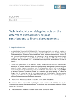Technical Advice on Delegated Acts on the Deferral of Extraordinary Ex-Post Contributions to Financial Arrangements