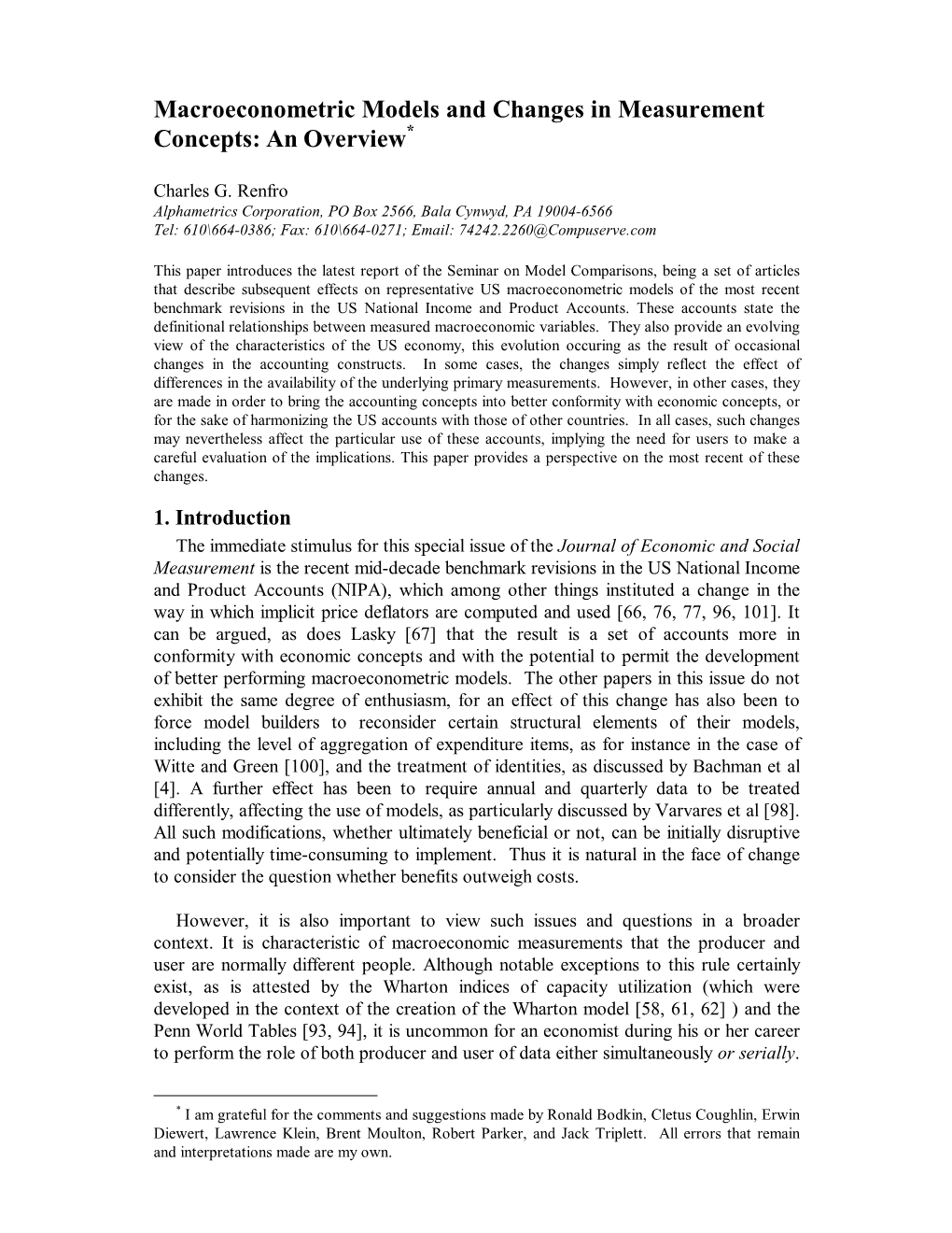 Macroeconometric Models and Changes in Measurement Concepts: an Overview*