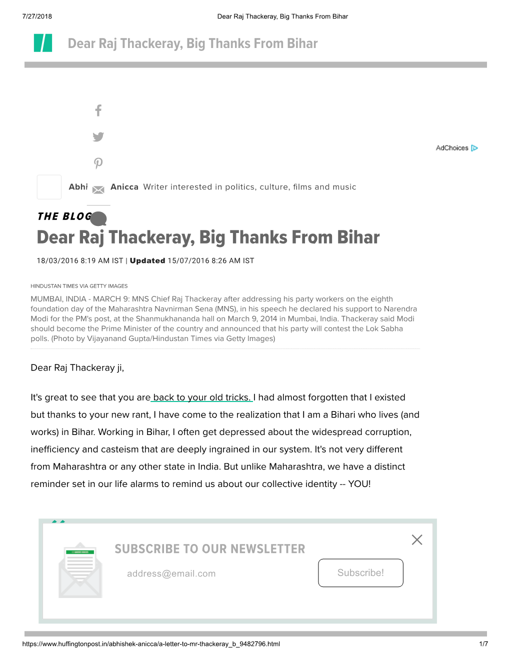 Dear Raj Thackeray, Big Thanks from Bihar