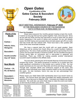Open Gates a Publication of the Gates Cactus & Succulent Society February 2020