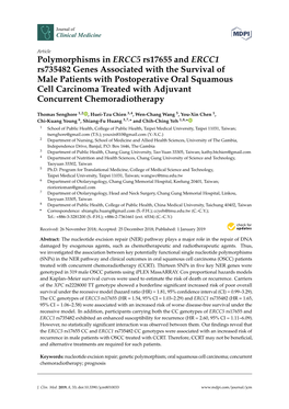 Polymorphisms in ERCC5 Rs17655 and ERCC1 Rs735482 Genes Associated with the Survival of Male Patients with Postoperative Oral Sq