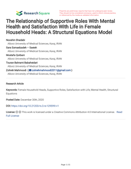 The Relationship of Supportive Roles with Mental Health and Satisfaction with Life in Female Household Heads: a Structural Equations Model