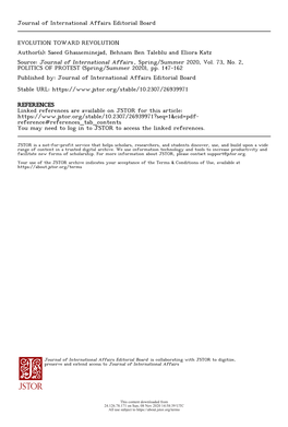 EVOLUTION TOWARD REVOLUTION Author(S): Saeed Ghasseminejad, Behnam Ben Taleblu and Eliora Katz Source: Journal of International Affairs , Spring/Summer 2020, Vol