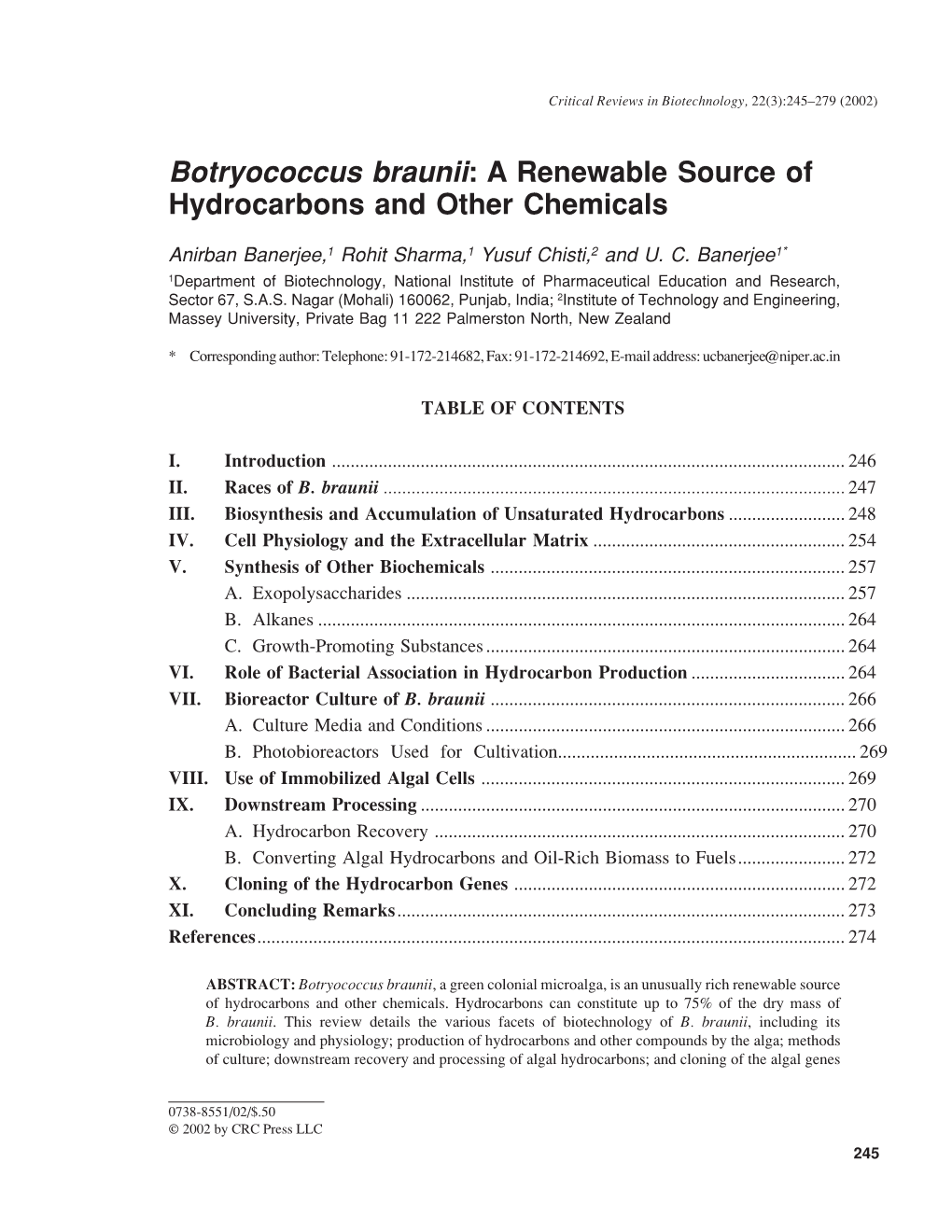 Botryococcus Braunii: a Renewable Source of Hydrocarbons and Other Chemicals