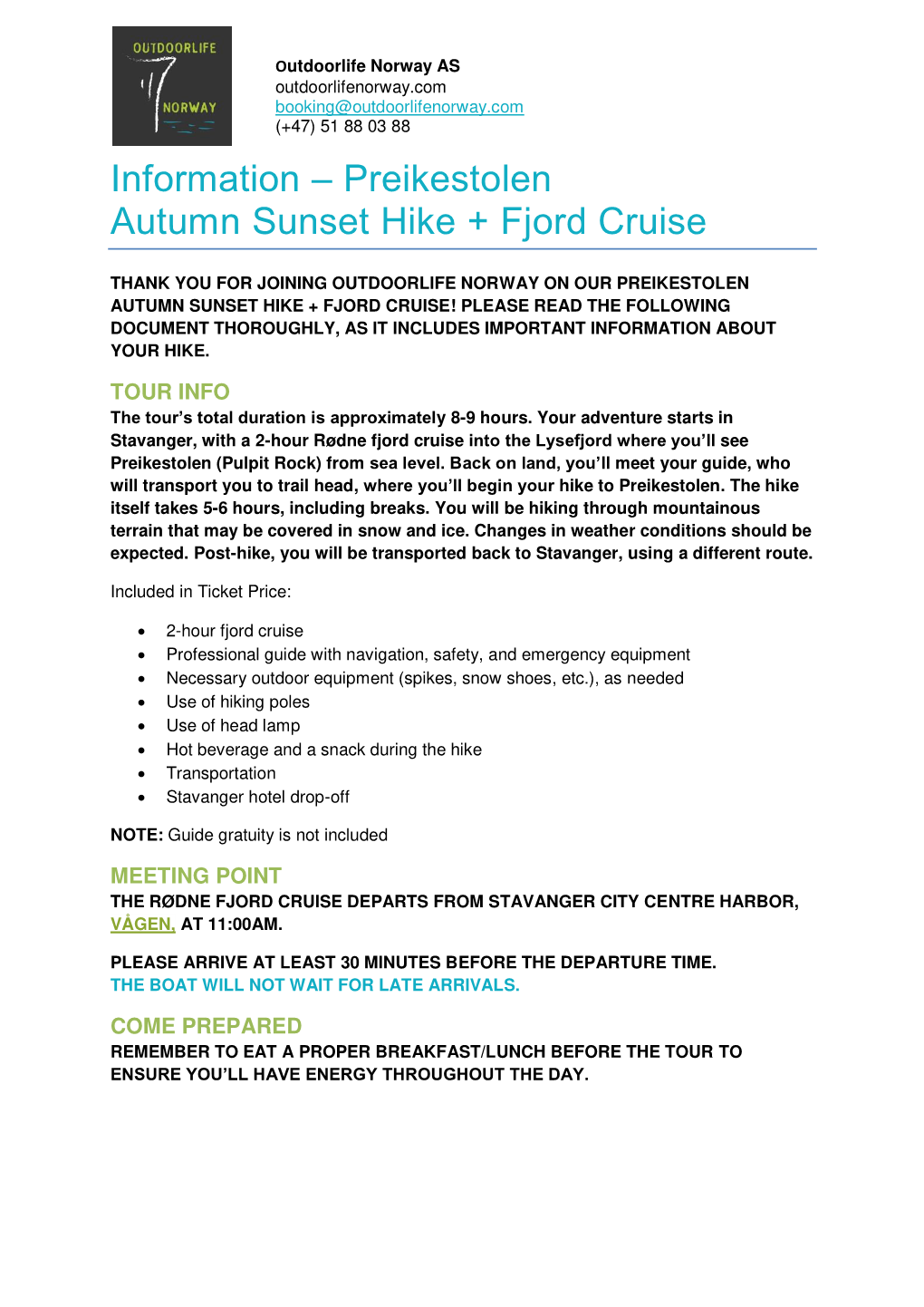 Information – Preikestolen Autumn Sunset Hike + Fjord Cruise