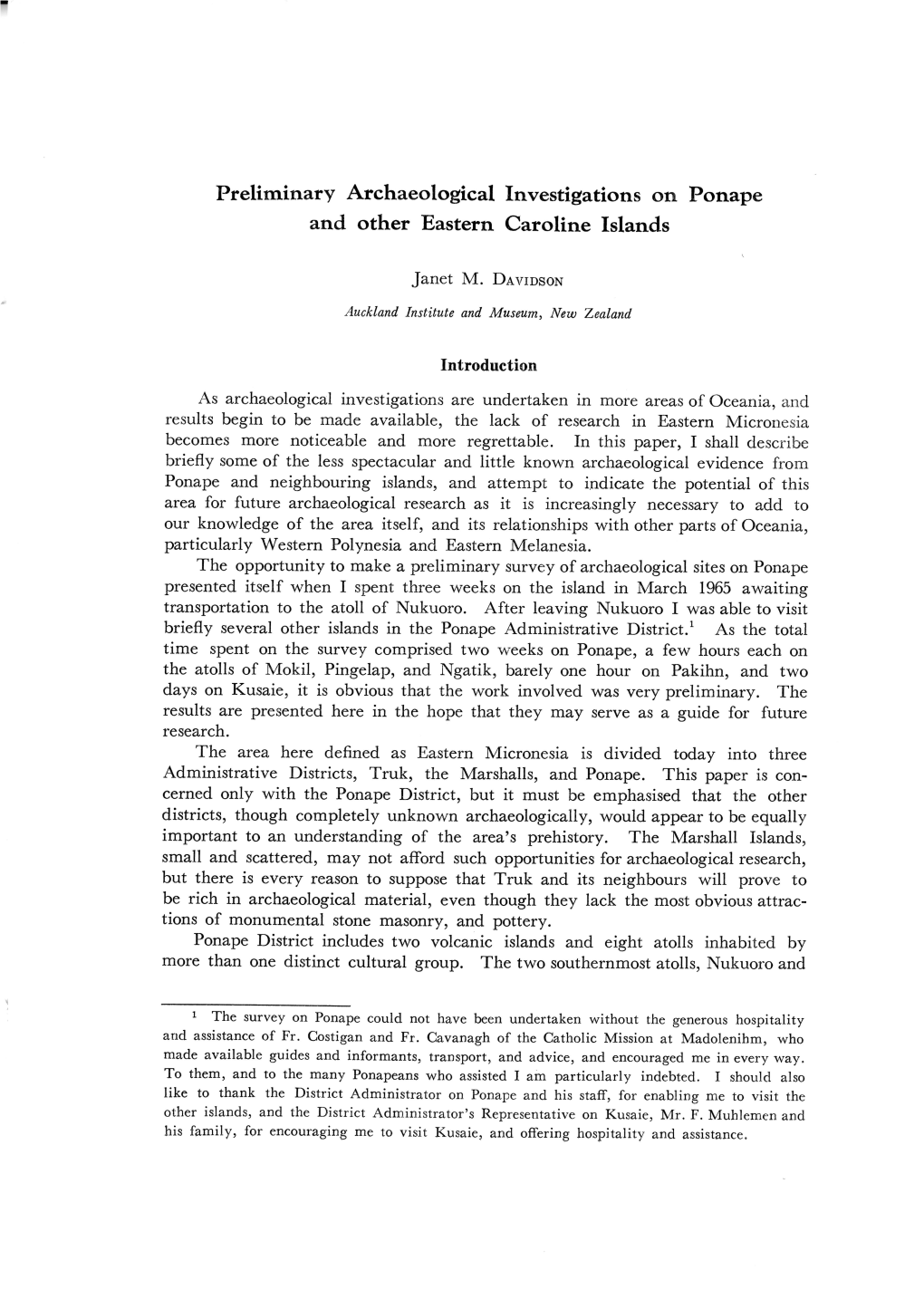 Preliminary Archaeological Investigations on Ponape and Other Eastern Caroline Islands