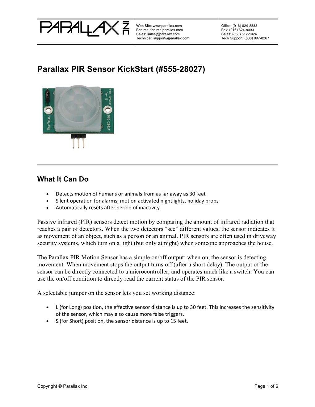 Parallax PIR Sensor Kickstart (#555-28027)