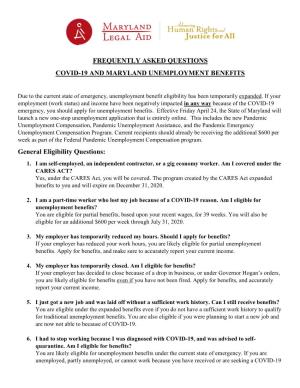 FREQUENTLY ASKED QUESTIONS COVID-19 and MARYLAND UNEMPLOYMENT BENEFITS General Eligibility Questions