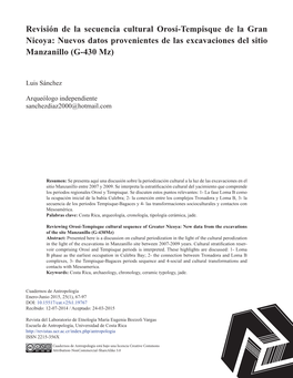 Revisión De La Secuencia Cultural Orosí-Tempisque De La Gran Nicoya: Nuevos Datos Provenientes De Las Excavaciones Del Sitio Manzanillo (G-430 Mz)
