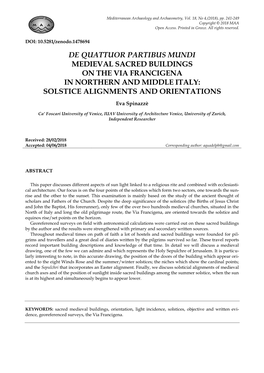 De Quattuor Partibus Mundi Medieval Sacred Buildings on the Via Francigena in Northern and Middle Italy: Solstice Alignments and Orientations