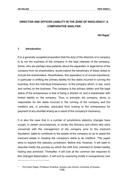 1/36 DIRECTOR and OFFICER LIABILITY in the ZONE of INSOLVENCY: a COMPARATIVE ANALYSIS HH Rajak* 1 Introduction It Is a Generally