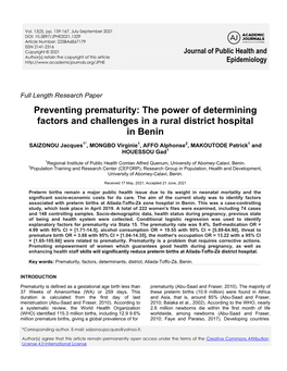 Preventing Prematurity: the Power of Determining Factors and Challenges in a Rural District Hospital in Benin