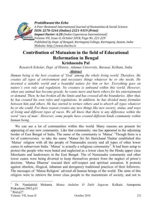Contribution of Matuaism in the Field of Educational Reformation in Bengal Krishnendu Pal Research Scholar, Dept