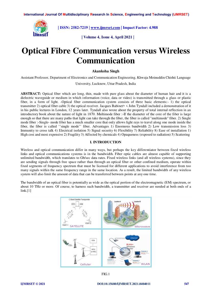 Optical Fibre Communication Versus Wireless Communication