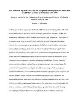 Rail Transport, Agrarian Crisis, and the Reorganization of Agriculture: France and Great Britain Confront Globalization, 1860‐1900