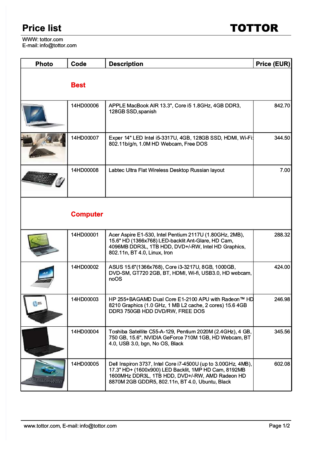 Price List TOTTOR WWW: Tottor.Com E-Mail: Info@Tottor.Com