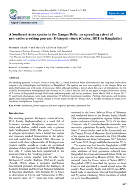 On Spreading Extent of Non-Native Croaking Gourami Trichopsis Vittata (Cuvier, 1831) in Bangladesh