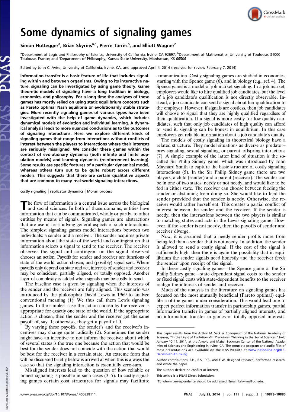 Some Dynamics of Signaling Games