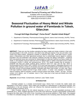 Seasonal Fluctuation of Heavy Metal and Nitrate Pollution in Ground Water of Farmlands in Talesh, Gilan,Iran