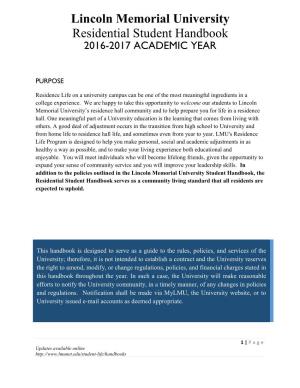 Lincoln Memorial University Residential Student Handbook 2016-2017 ACADEMIC YEAR